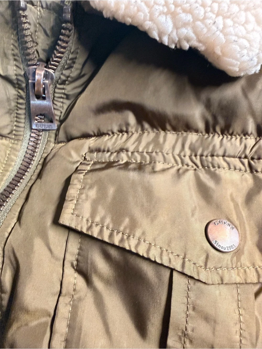 GUESS Olive Green Puffer Jacket with Cream Sherpa Collar
